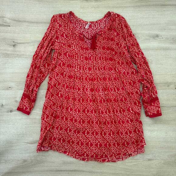 Free People Pintuck Marlow Swing Dress Tunic Red Cream Orange Size Small - Picture 2 of 5